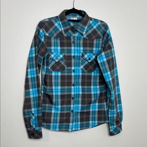 women Blue and Brown Plaid Shirt Fitted western coastal cowgirl button down shir
